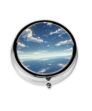 Blue Sky and White Clouds Portable Metal Pill Box Round Mini 3-Compartment Plastic Insert hinged Fastening Design Suitable for Small Pills Must-Have for Travel