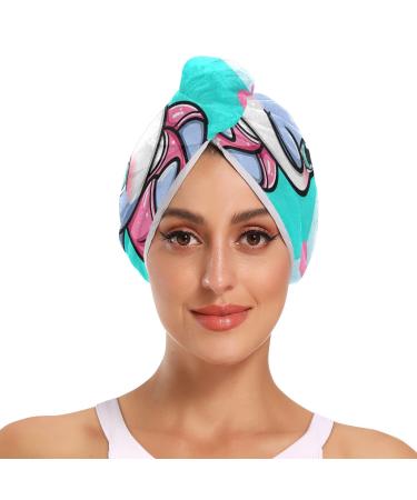 Cute Cartoon Dolphin Girl Wearing Pink Shirt and Bow Hair Towel 2 Pack Super Absorbent Hair Drying Towel Quick Dry Hair Turbans Head Towel with Button Twisty Wrap for Women Girls