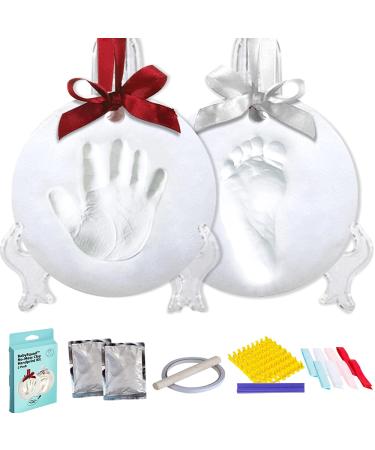 BabySquad Baby Handprint Footprint Clay Keepsake Ornament Kit (2 Pack) Non Toxic - Shatter Proof - Air Dries - Ultra Light. Includes Stencil, 2 Easels, 8 Ribbons, 2 Claypacks, Rolling Pin and More!