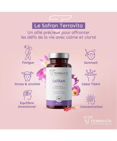 SAFRAN | 60 G lules | 30 mg par G lule | Enfants et Adultes | Concentration - Anti-Stress - S r nit - Bonne Humeur | Extrait Titr en Safranal et Crocines | 2 Mois | Made in France | Terravita - Buy Online on GoSupps.com