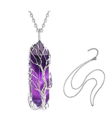 Runmeihe Amethyst Healing Crystal Stone Necklace Tree of Life Silver Wrapped Natural Quartz Gemstone Pendant Necklaces Jewelry Good Luck Crystal Necklace for women