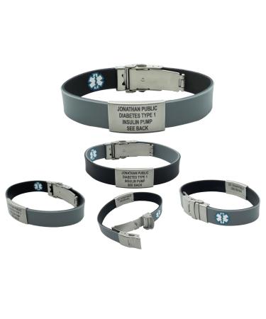 Medical Bracelet Black/Gray Reversible Sport Slim ID Bracelet Waterproof and Durable Alert Bracelet Personalized Bracelet Medication Cards for Wallet Complimentary Access PHR (Personal Health Record)