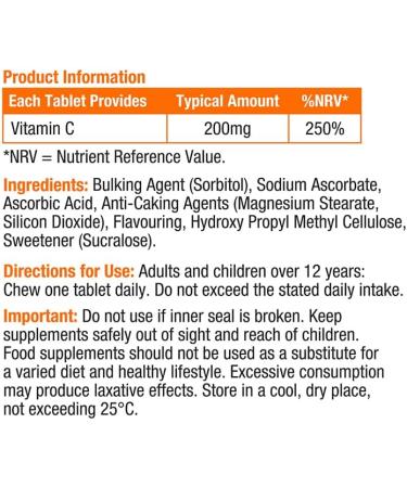 Vitawell Chewable Vitamin C 200mg - 180 Tablets - Orange Flavour - Immune Health Support - 6 Months Supply - Buy Online on GoSupps.com
