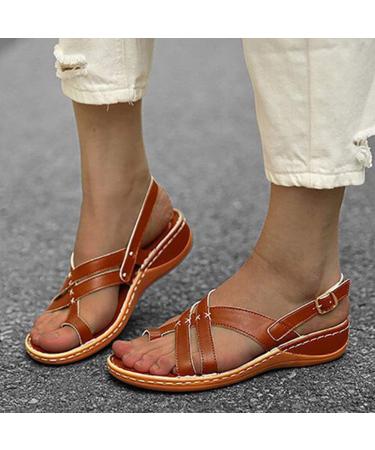 Comfortable Women's Plateau Sandals - Open Toe Orthopedic Shoes with Foot Support | Summer Sandals for Beach & Travel - EU Size 37 in Yellow & Brown - Buy Online on GoSupps.com