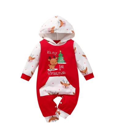 Loalirando Baby Girl Boy Christmas Romper Jumpsuit Overall Newborn Toddler Xmas Outfit Clothing One Piece My First Christmas 0-3 Months Red 58 - Tree & Elk