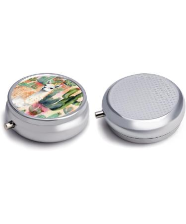 Round Pill Box - White Alpaca Watercolor & Cactus Print | 3 Compartment Portable Pill Organizer - Decorative Metal Pocket Pill Case for Medication - Buy Online on GoSupps.com