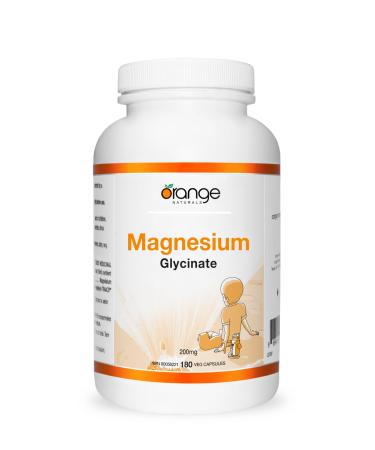 Orange Naturals - Magnesium Glycinate Supplement - 200mg 180 v-caps - For Healthy Bones Teeth Proper Muscle Function Pressure Relief & Promote Sleep Relaxation - Vegan - Highly Absorbable Form - Non GMO 180 count (Pack of 1) 200 mg