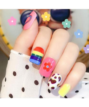 Sethexy colorful fingernails rainbow flower heart sweet medium complete cover acrylic 24 pieces nail tips for women and girls