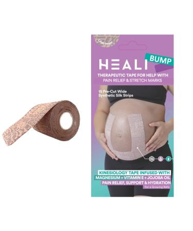 Heali Bump Kinesiology Tape 15 Pre-Cut Wide Strips Synthetic Silk Pregnancy Tape Belly Magnesium Vitamin E Jojoba Oil Pain Relief Support Reduce Appearance of Stretch Marks Pack of 1
