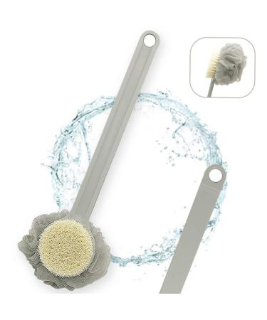 Body Scrubber Back Scrubber Shower Anzonn Double-sided Body Bath Brush with Loofah Sponge Long Handle Stick Loofah for Back Exfoliator Exfoliating Massage Suitable for Dry or Wet Brushing Gray