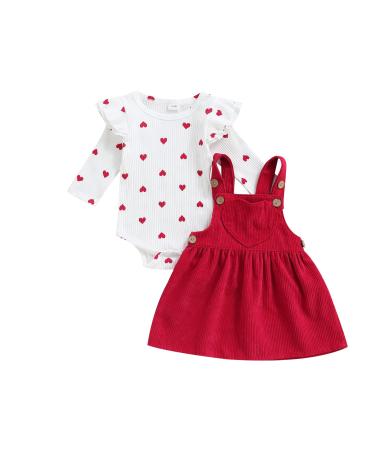 MoccyBabeLee Baby Girl Clothes Newborn Dress Set Long Sleeve Flower Bodysuit Romper Corduroy Overall Dress Infant Outfits 12-18 Months Red