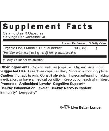 Nutri Organic Lions Mane Supplement Capsules - 1900 mg 10:1 Dual Extraction 120 Count - Certified Organic Mushroom Extract (Fruiting Body) - Third Party Tested - Cognitive Support Heart Health - Buy Online on GoSupps.com