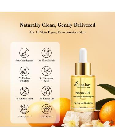 Lurelan Beauty Double Vitamin C Oil For Face and Bikini Area - Brightening Oil with Squalane Rosehip Vitamin E Non-Comedogenic Vegan for All Skin Types (Face oil) - Buy Online on GoSupps.com