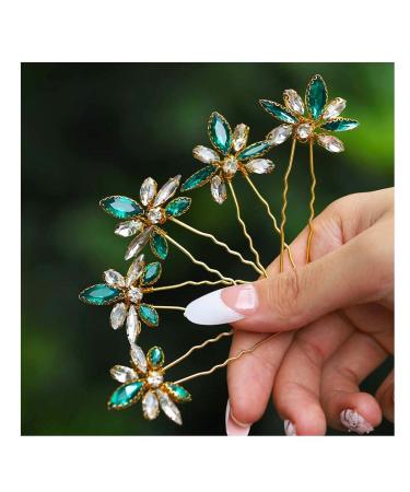 Yokawe Wedding Hair Pins Gold Rhinestone Bridal Hairpin Green Crystal Headpiece Hair Accessories for Women and Girls (Pack of 5)