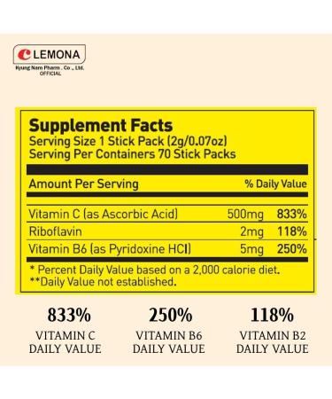 LEMONA Official Vitamin C Powder 500mg Korean Supplements Immune Support B6 B2 On-The-Go Packets Vitamin Healthy Living Easy to Take Daily Energy Boost Korean Food Snacks Lemon (70Sticks) - Buy Online on GoSupps.com