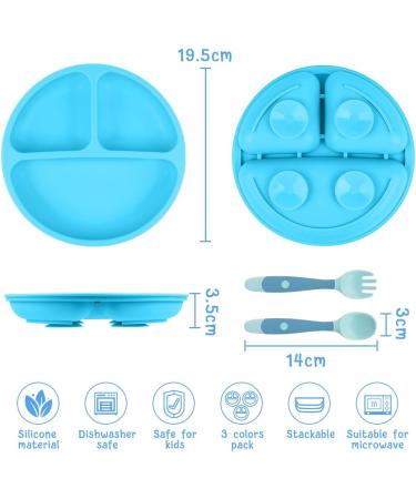 Vicloon 3Pcs Silicone Baby Suction Plates Set - Non Slip Divided Dishes for Toddler Self Feeding - Fits Most Highchairs - Blue/Green/Yellow - Buy Online on GoSupps.com