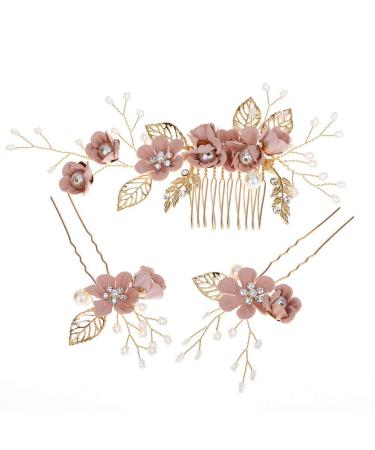 4-Piece Gold Wedding Hair Combs - Pearl & Rhinestone Bridal Hair Accessories for Brides & Bridesmaids - Pink - Buy Online on GoSupps.com