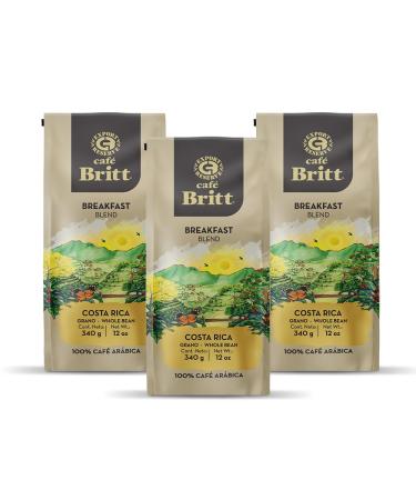 Caf Britt - Costa Rican Breakfast Blend Coffee (12 oz.) (3-Pack) - Whole Bean Arabica Coffee Kosher Gluten Free 100% Gourmet & Medium Dark Roast