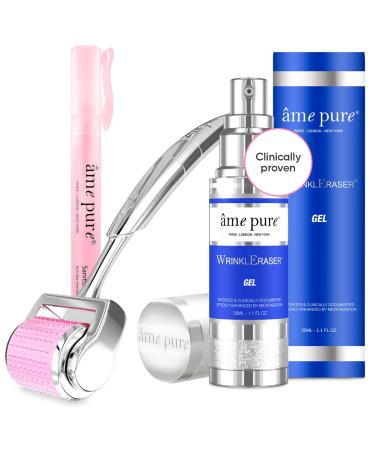 me pure WrinklEraser Basic Derma Roller KIT 100% Natural Microneedling Treatment for Surgery Free Rejuvenation Smooth Wrinkles and Firm Skin (Dermaroller 0.5mm + Gel + Disinfector)