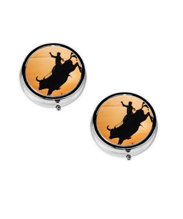(Cool Bull Riding) Round Pill Box 3 Compartment Pill Box Mini Decorative Pocket Purse Portable Travel Medicine Tablet Vitamin Holder Organizer Pill Case