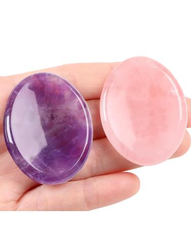 GIEEU Healing Crystals Stones 2PCS Thumb Worry Stones for Anxiety Stress Relief Meditation Pink Crystal Amethyst Stone