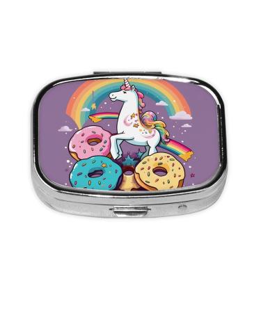 Unicorns Doughnut Rainbow Printing 2 Compartment Small Pill Case Cute Small Pill Box Purse Pill Boxs Travel Pill Organizer for Pocket Purse and Travel Gifts