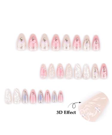3D Handmade Press on Nails with Charms | Cute French Almond Shape Acrylic Nails for Women - Butterfly Flower & Bow Designs - Buy Online on GoSupps.com