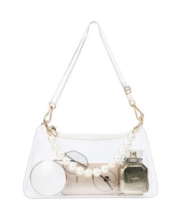 Clear Clutch Purses For Women 12" Small Clear Purse Clear Crossbody Bag Stadium Approved with Pearl Purse Strap