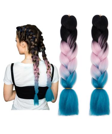 Traziewell Crochet Hair Extensions for Braiding Ombre Braids High Temperature Synthetic Hair Extension for Crochet Twist Black to Pink to Lake Blue 2105 FH002105 L