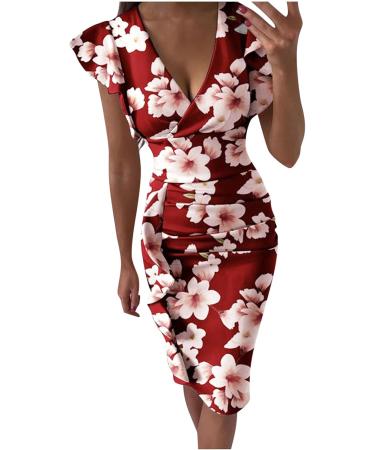 Briskyry V-Neck Floral Knee-Length Business Dresses for Women - Elegant Summer Bustier & Ruffled Hem Festival Style - Buy Online on GoSupps.com