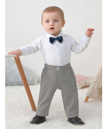 Amissz Baby Boy Formal Tuxedo Clothing Set 12-18 Months - Gentleman Romper Jumpsuit, Pants, Bow Tie - Grey - Buy Online on GoSupps.com