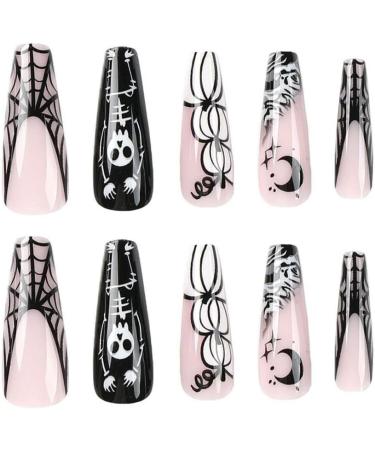 24x Long Coffin False Nails Halloween Skull Wearable French Ballerinas Fake Nails Press On Full Cover Manicure Nail Tips - Buy Online on GoSupps.com