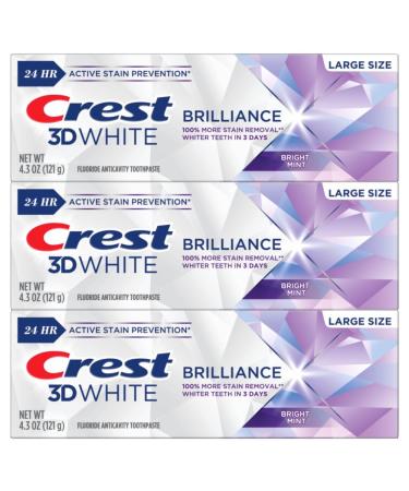 Crest 3D White Brilliance Bright Mint Teeth Whitening Toothpaste, 4.3 oz Pack of 3, 100% More Surface Stain Removal, 24 Hour Active Stain Prevention, Whiter Teeth in 3 Days - Buy Online on GoSupps.com