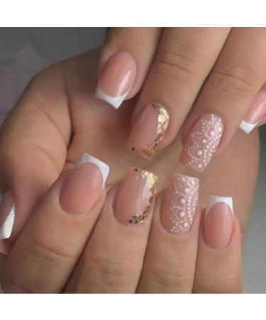 SINLOV Short Square Fake Nails Flower Glossy Press on False Nails Pink Nude Ballerina Artificial Finger Nails French Full Cover False Nails for Women and Girls