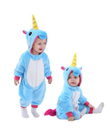 Doladola Baby Boy's Girl's Rompers Animal Hooded Onesie Toddler's Jumpsuits Autumn Winter Outfits 12-18 Months Blue Unicorn