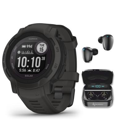 Wearable4U Garmin Instinct 2 Solar GPS Rugged Outdoor Smartwatch, Graphite with Multi-GNSS Support Black Earbuds Bundle Instinct 2 Solar Graphite+Black
