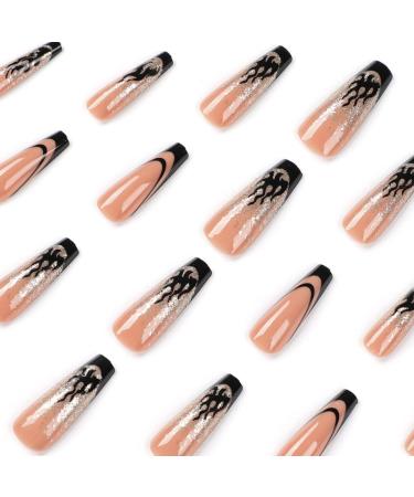 Justotry 24 Pcs Flame Fake Nails: Long Black French Press on Nails - Glitter Ballerina Stick on Nails for Women - Acrylic Coffin False Nails Medium with Glue - Nail Art Flames & Black - Buy Online on GoSupps.com