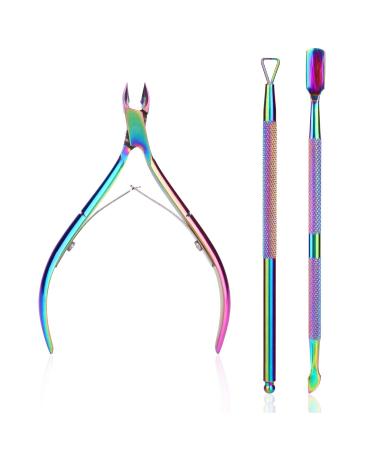 3 Pieces Cuticle Nipper with Cuticle Pusher Mwoot Stainless Steel Triangle Cuticle Peeler Cuticle Remover and Cutter Beauty Tool for Fingernails and Toenails (Chameleon)