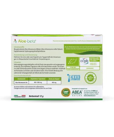 Organic Aloebeta Aloe Arborescens Capsules - 100% Pure Aloe Vera - Made in Italy - Non-GMO Dietary Supplement - 30 Capsules - No Sweeteners or Preservatives - Buy Online on GoSupps.com