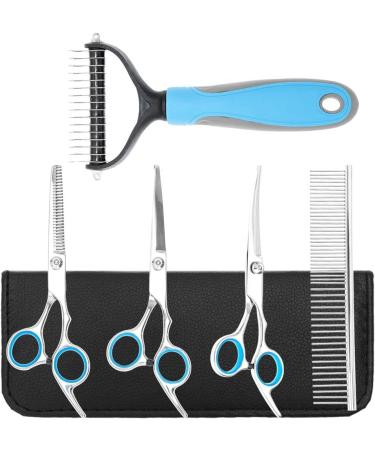PAWCHIE Dog Grooming Scissors with Safety Blunt Tip - Rake Dematting Tool for Dogs - Stainless Steel Grooming Dog Comb, 5 in1 Pet Grooming Kit - Thinning, Straight, Curved Shears for Dogs and Cats