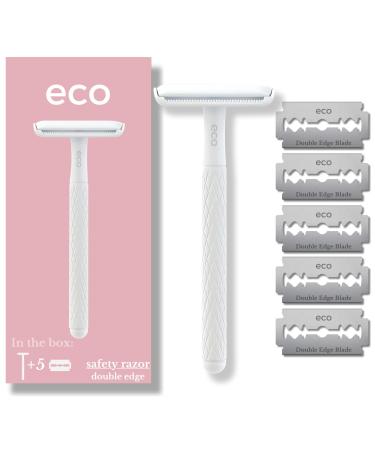 Eco Double Edge Metal Alloy Safety Razor for Women + 5 Double Edge Safety Razor Blade Refills Reusable Razor for Shaving (White)