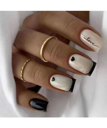 24pcs French False Nails White Tip Short Square Press on Nails Cute Acrylic Full Cover Stick on Nails with Love Designs Black Heart Fake Nails Women Girls Nail Art Accessories