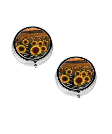 (Farm Sunflowers) Round Pill Box 3 Compartment Pill Box Mini Decorative Pocket Purse Portable Travel Medicine Tablet Vitamin Holder Organizer Pill Case