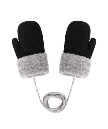 Toddler Kids Winter Warm Thick Plush Short Knitted Gloves With String for 1-3Yrs Black