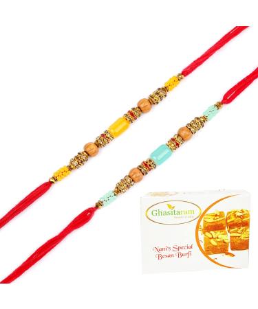 Ghasitaram Gifts Rakhi for Brother Rakhis Online - Set of 2-6512 Rakhis with 200 GMS of Besan Barfi Rakhi Set with 200 gms of Besan Barfi
