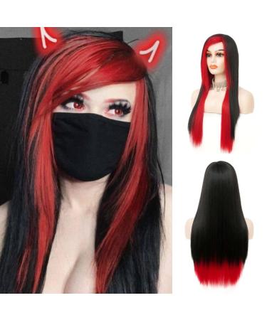 Siudus women red and black long wigs just side part Gothic hair wig heat -resistant fiber wig for cosplay halloween use black red