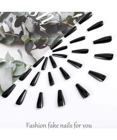 Outyua Super Long Black Glossy Press on Nails - 24Pcs Coffin Designer False Nails for Women and Girls - Buy Online on GoSupps.com
