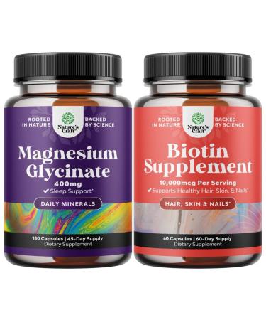 Bundle of Pure Magnesium Glycinate Supplement 400mg Per Serving for Mood Sleep & Relaxation Support and 10000 mcg Pure Biotin Pills - Promotes Thicker & Fuller Hair - Get Clear Skin Strong Nails