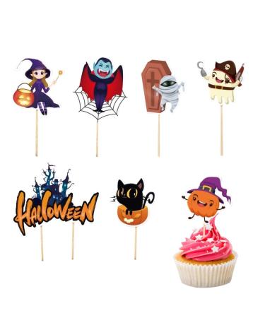 Halloween Cake Toppers | Witch Black Cat Ghost Vampire Castle Paper Toppers | Paper Cards Toppers For Party Favors Piomoner