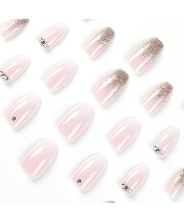 24Pcs Short Coffin French False Press On Nails with Rhinestones Gradient - Nude Pink Stick on Nails for Women - Removable Glue-on Acrylic Fake Nails - Buy Online on GoSupps.com